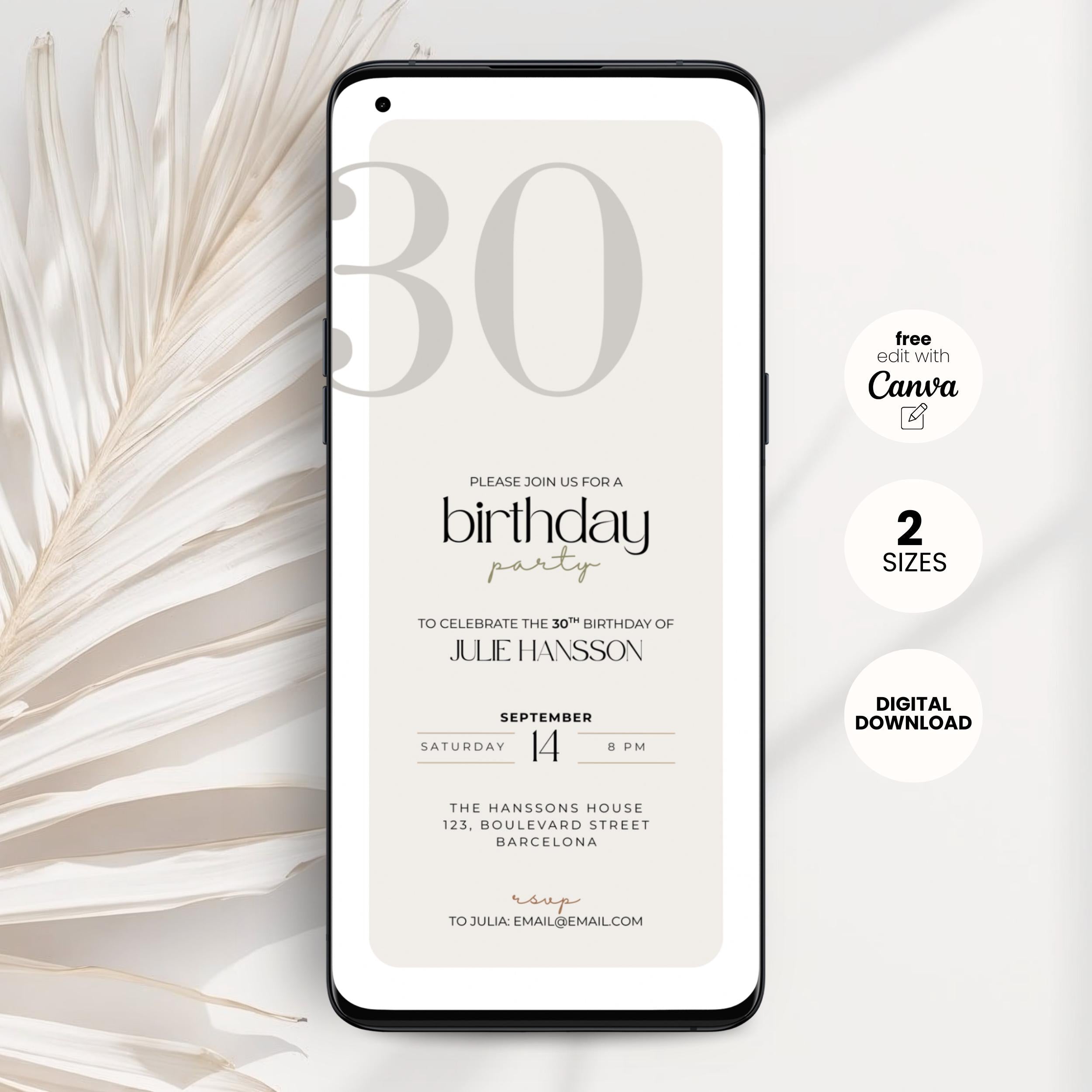 Phone displaying a 30th birthday party invitation with decorative elements on a light background