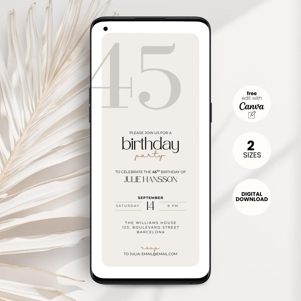 Phone displaying a 45th birthday party invitation with decorative elements on a light background