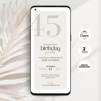 Phone displaying a 45th birthday party invitation with decorative elements on a light background
