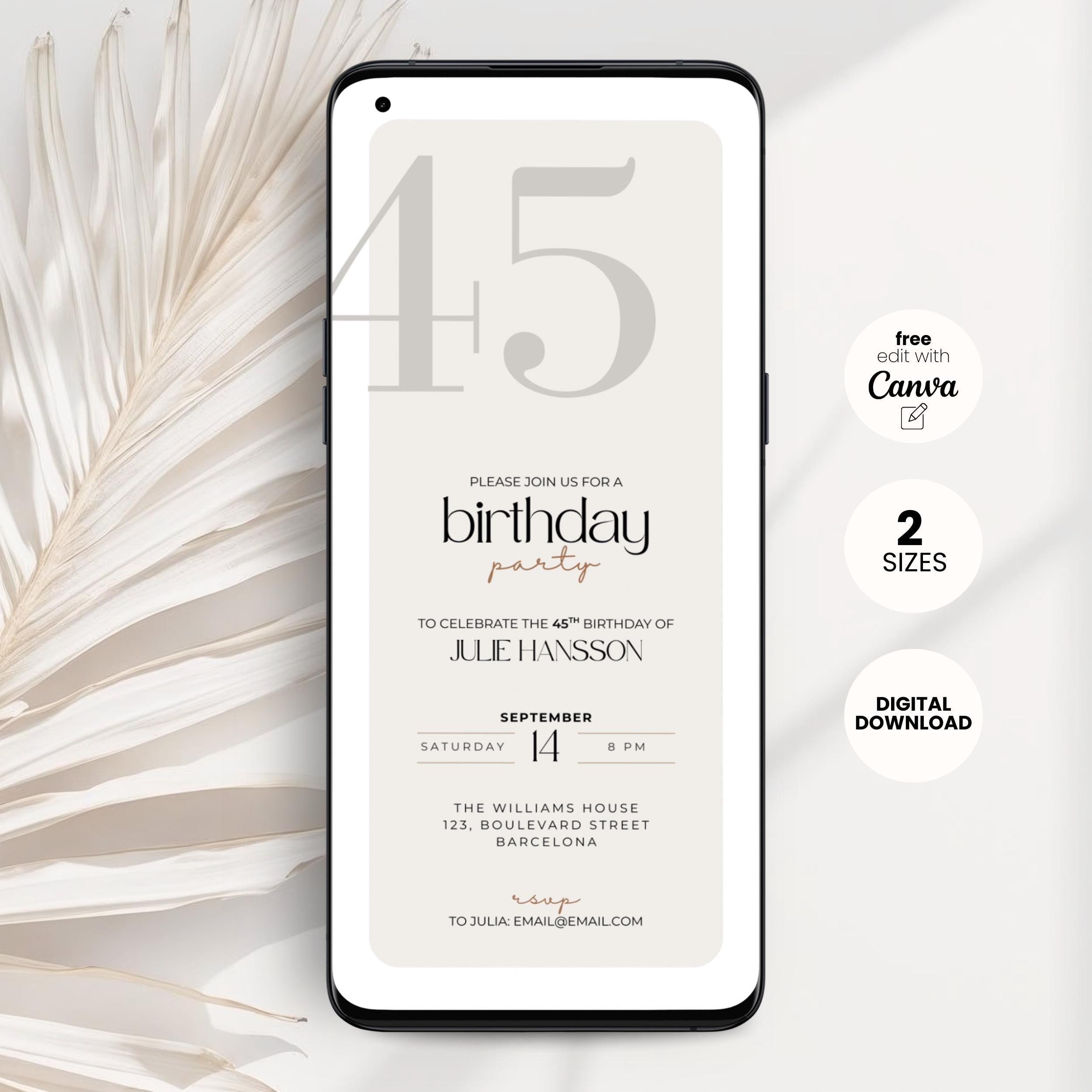 Phone displaying a 45th birthday party invitation with decorative elements on a light background