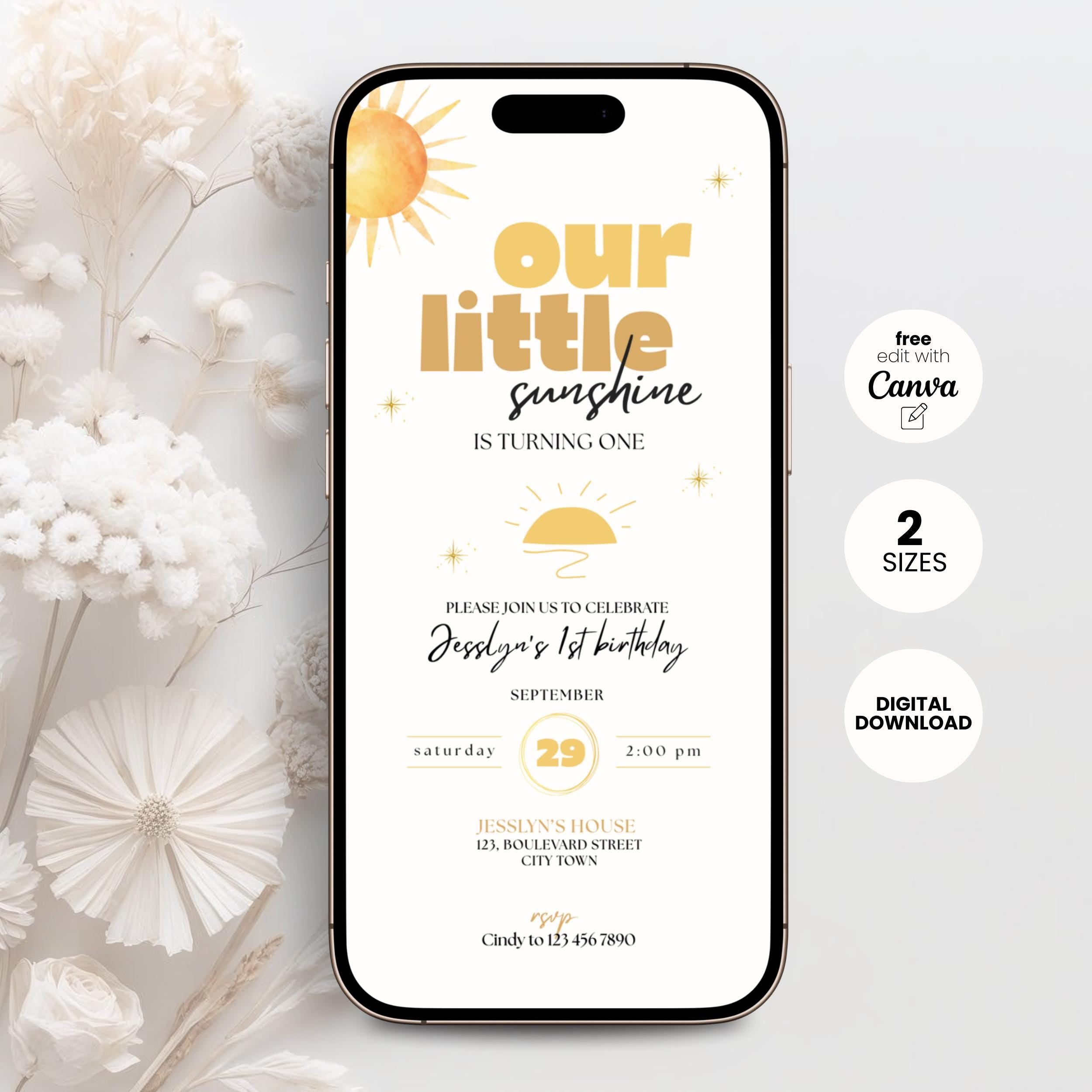 Sunshine First Birthday Invitation Boho
