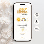 1st birthday invitation template preview, editable in Canva, sun theme