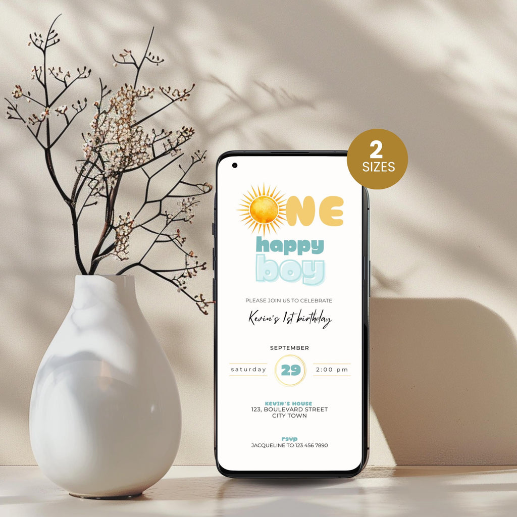 Oh Happy Boy First Birthday Invitation Sun