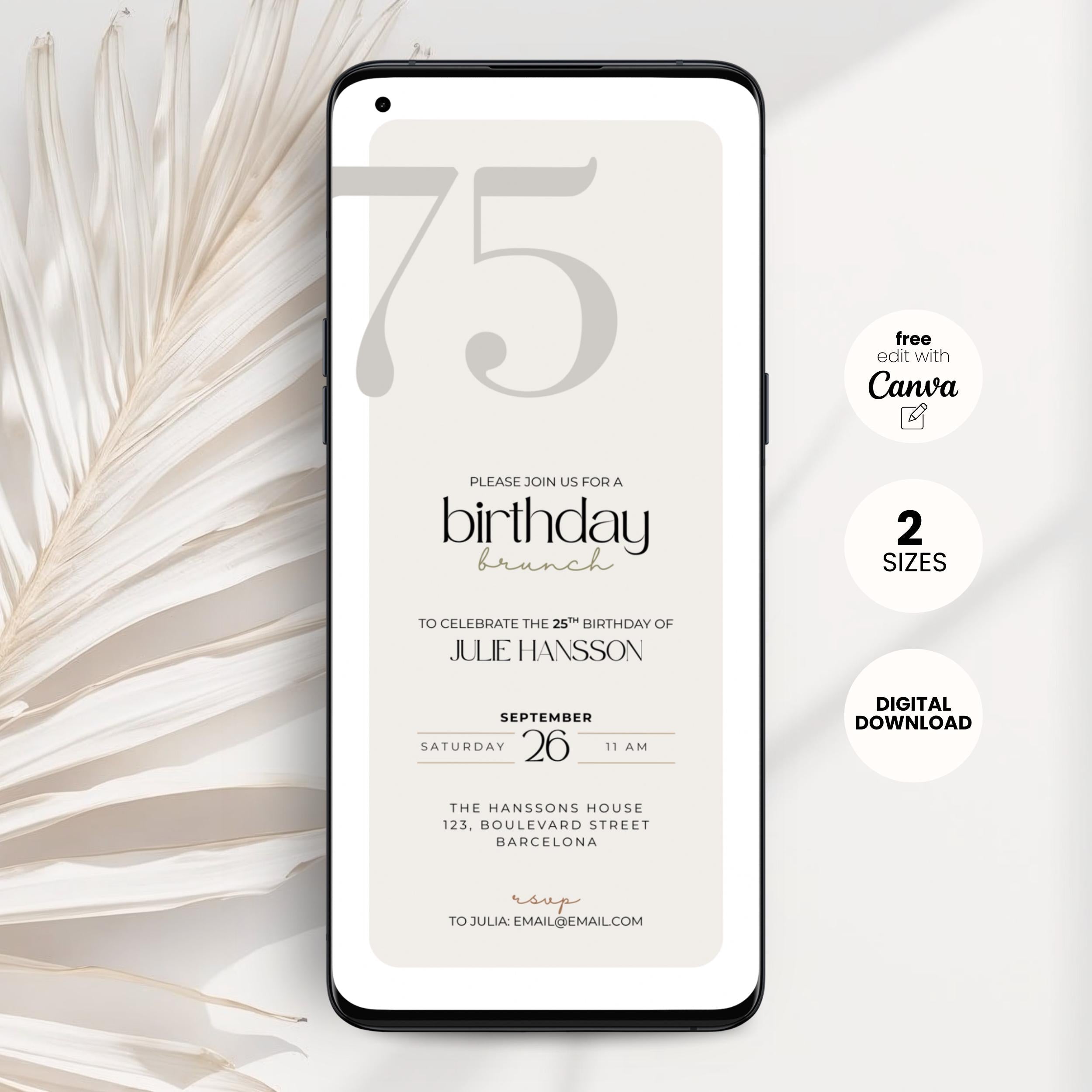 Minimal Elegant 75th Birthday Brunch Invitation