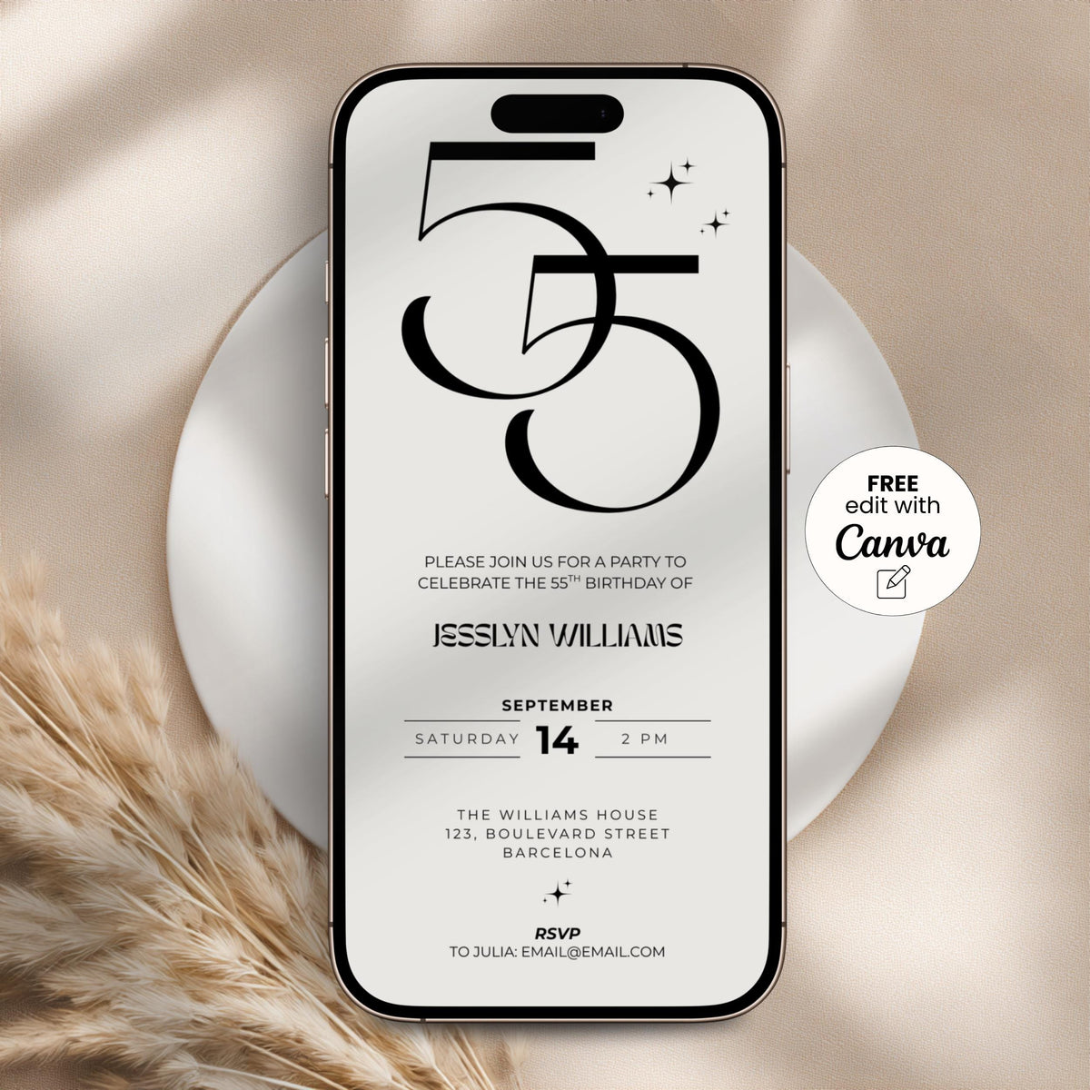 Close-up of elegant design on beige 55th birthday invitation