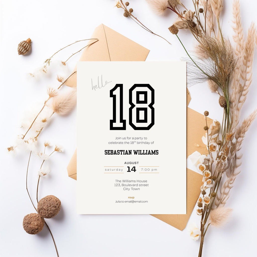Minimal Black and White 18th Birthday Invitation