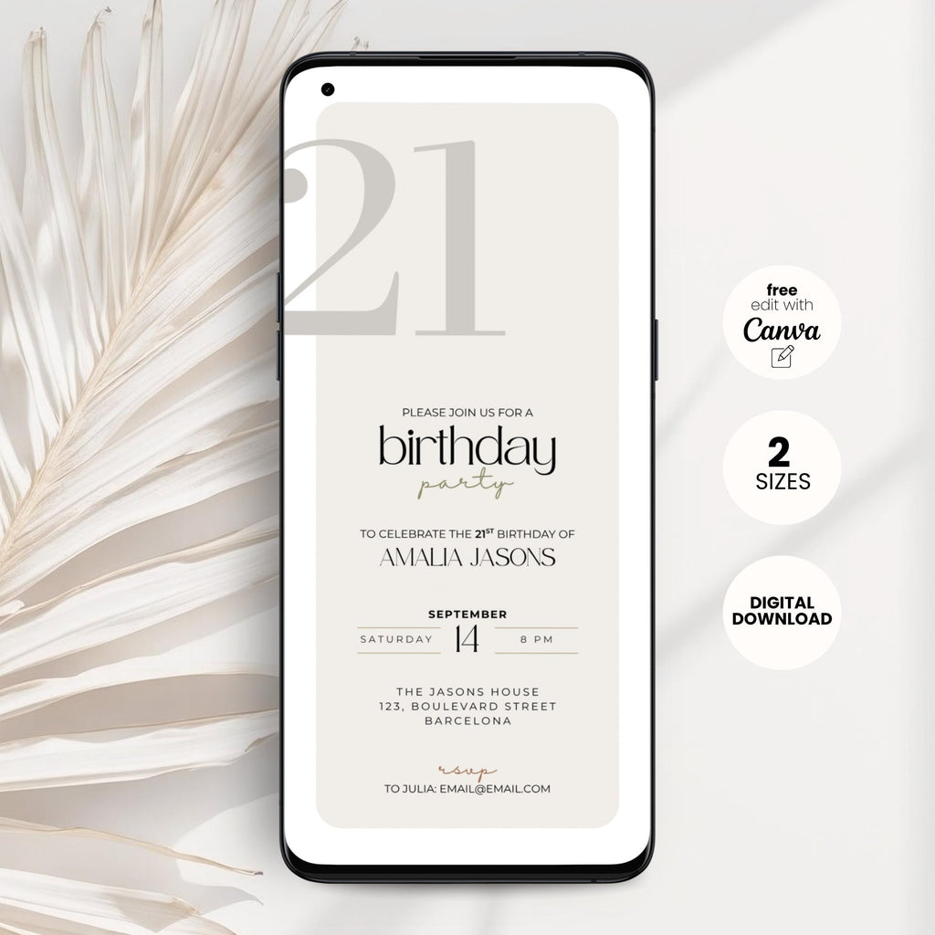 Phone displaying a 21st birthday party invitation with decorative elements on a light background