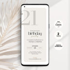 Phone displaying a 21st birthday party invitation with decorative elements on a light background