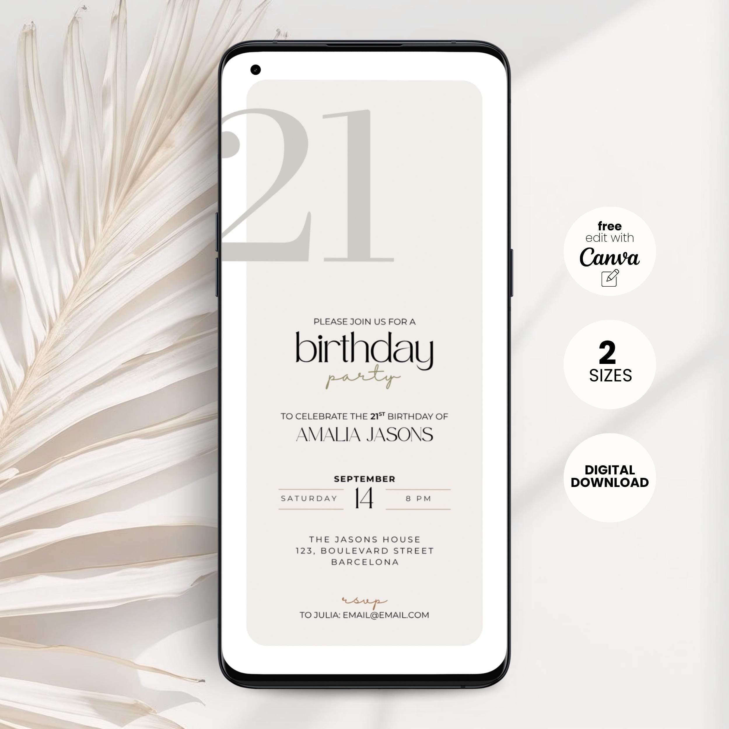 Phone displaying a 21st birthday party invitation with decorative elements on a light background