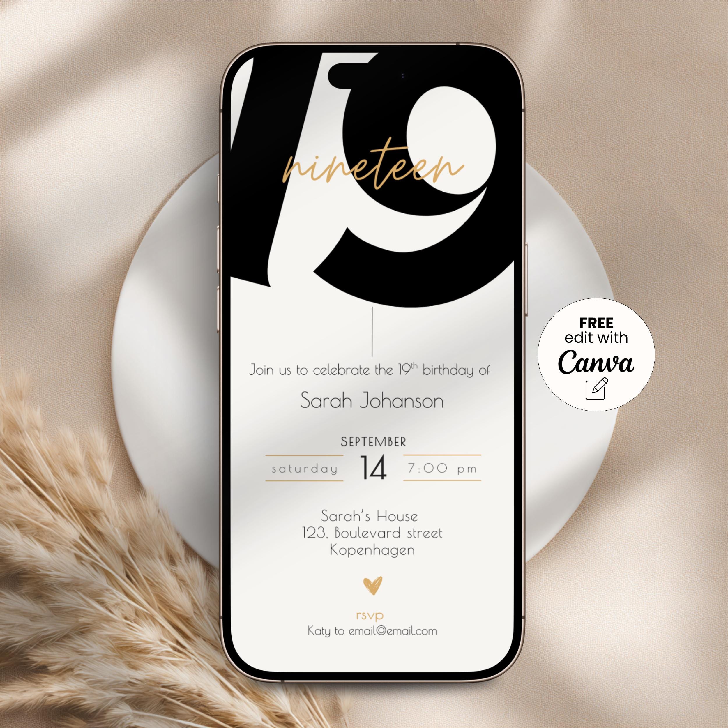Minimal Bold 19th Birthday Invitation Template