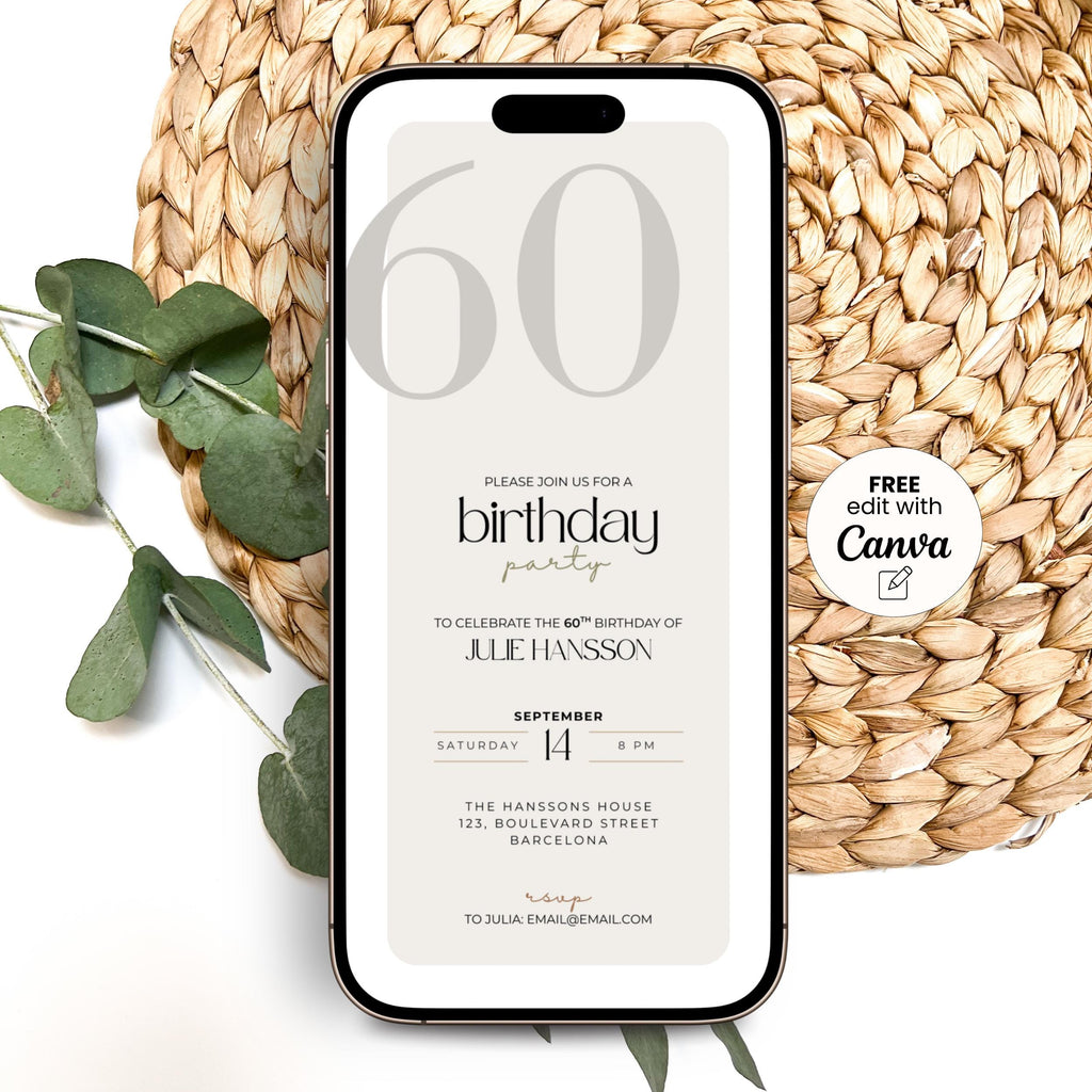 Phone displaying a birthday party invitation with decorative elements on a woven surface.