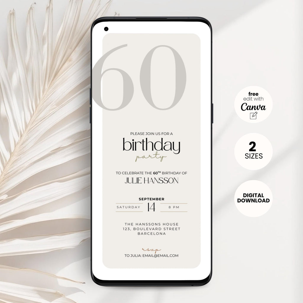 Phone displaying a birthday party invitation with palm leaves on a white background