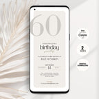 Phone displaying a birthday party invitation with palm leaves on a white background