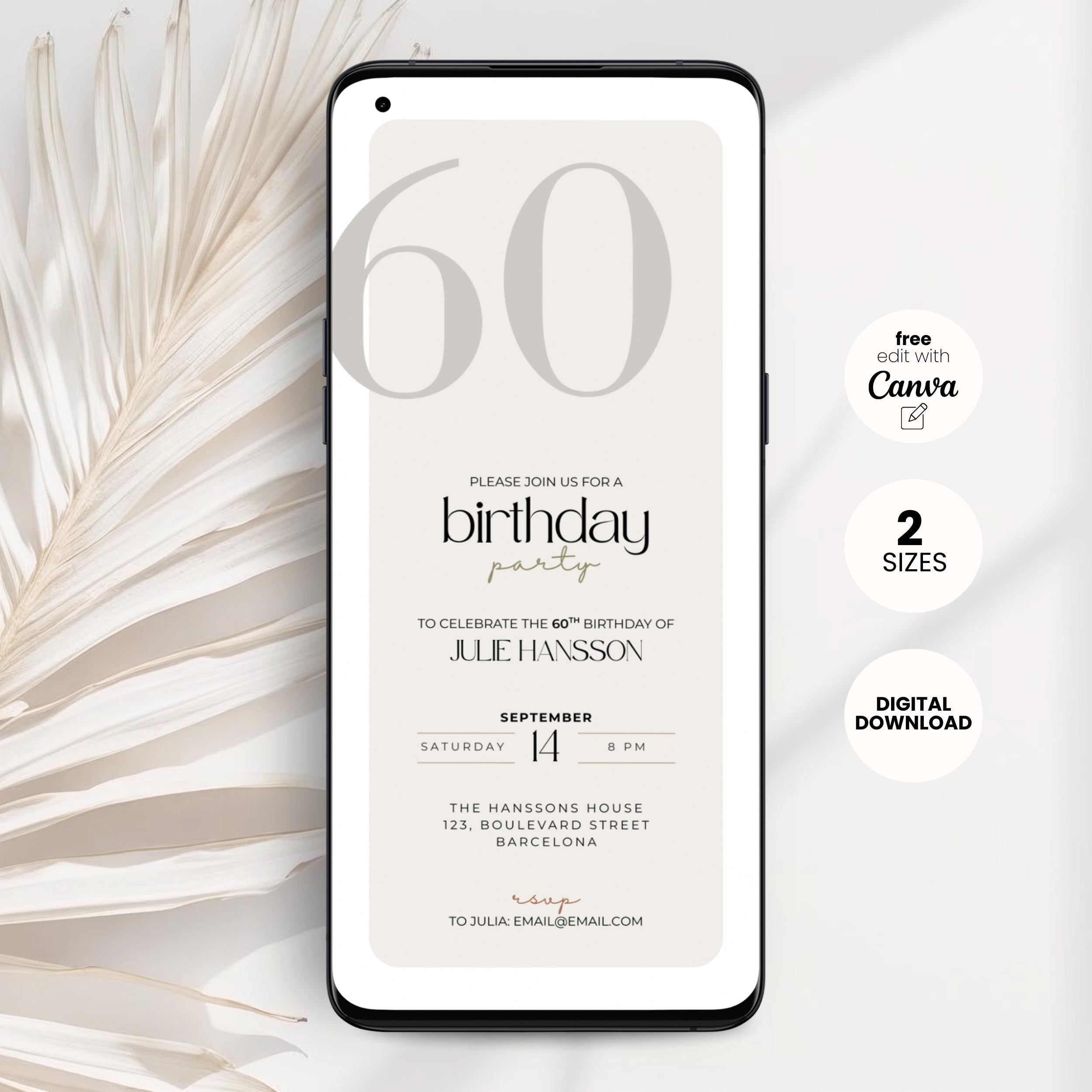 Phone displaying a birthday party invitation with palm leaves on a white background