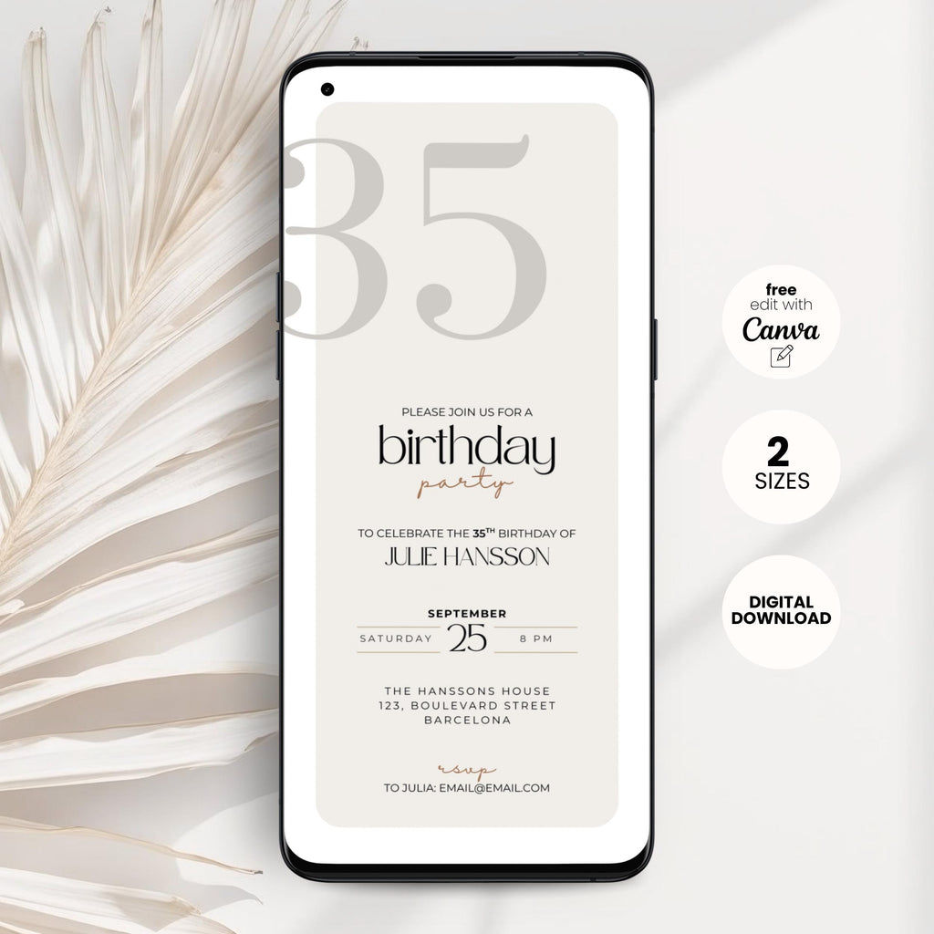 Phone displaying a birthday party invitation with decorative elements on a light background