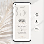Phone displaying a birthday party invitation with decorative elements on a light background