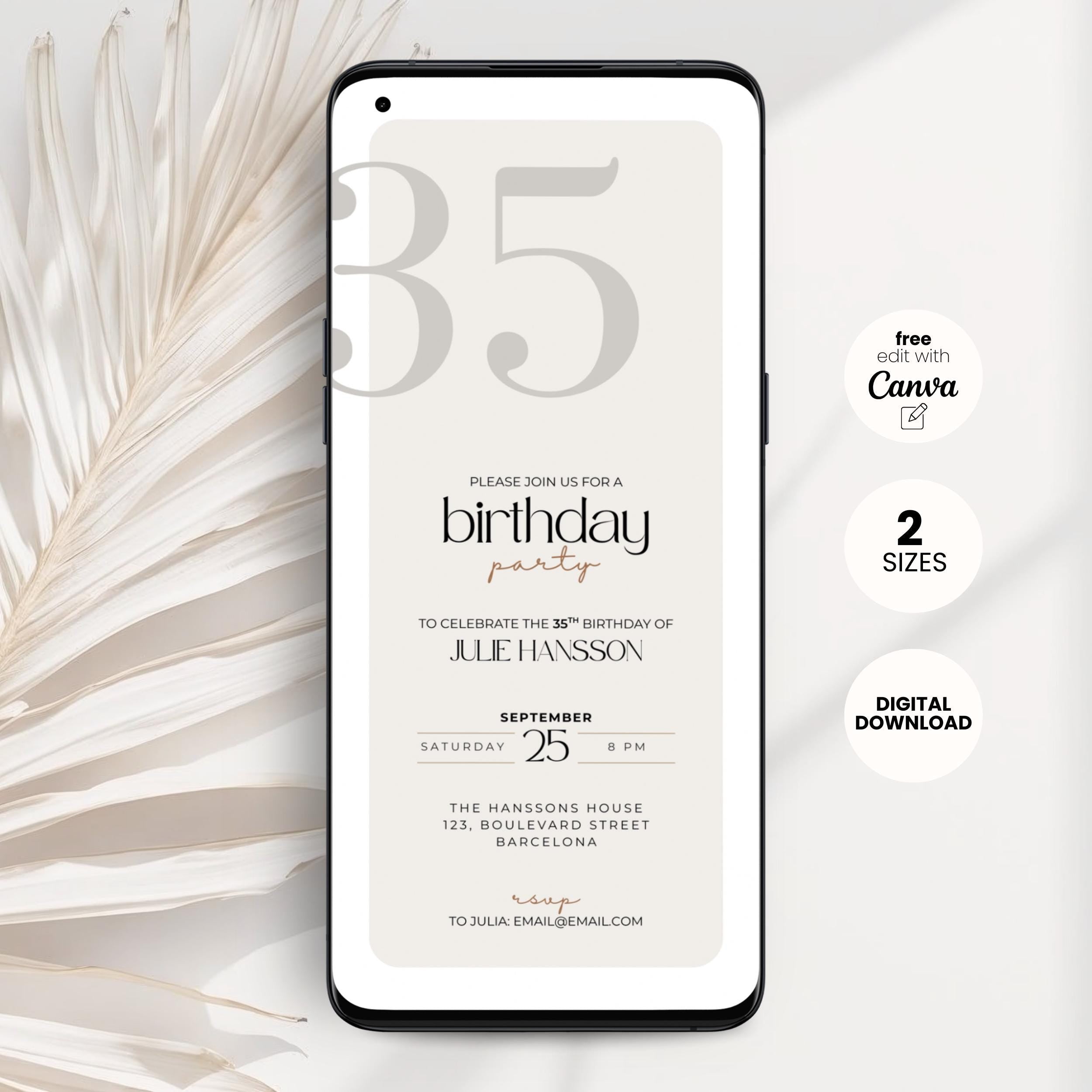 Phone displaying a birthday party invitation with decorative elements on a light background