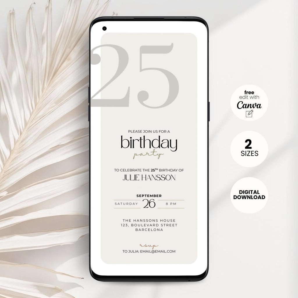 Phone displaying a 25th birthday party invitation with decorative elements on a light background