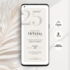 Phone displaying a 25th birthday party invitation with decorative elements on a light background