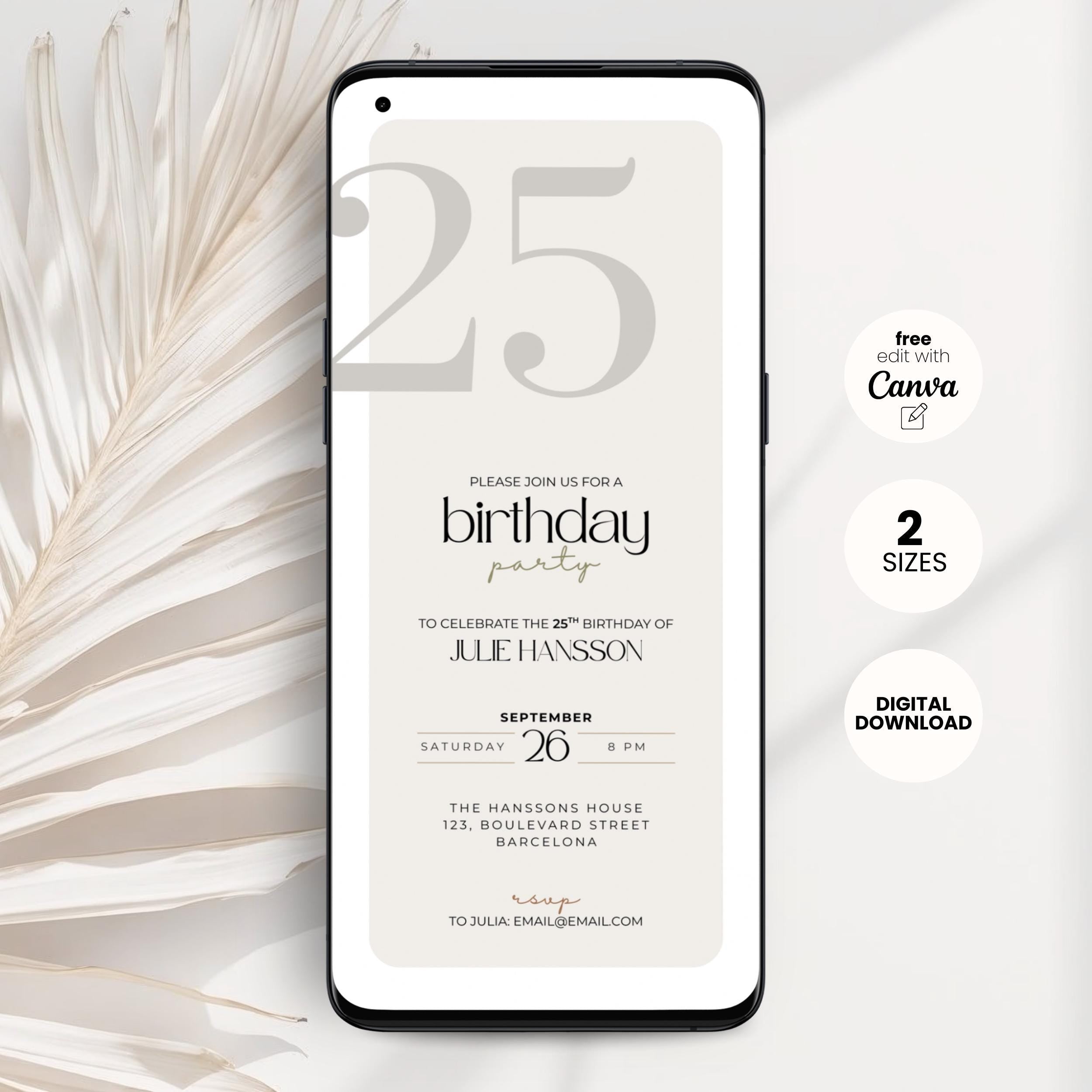 Phone displaying a 25th birthday party invitation with decorative elements on a light background