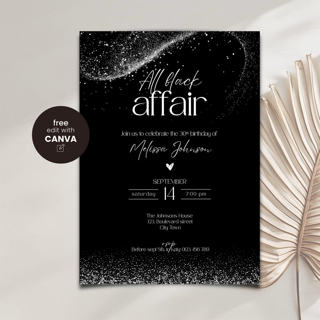 Chic All Black Affair Adult Birthday Invitation