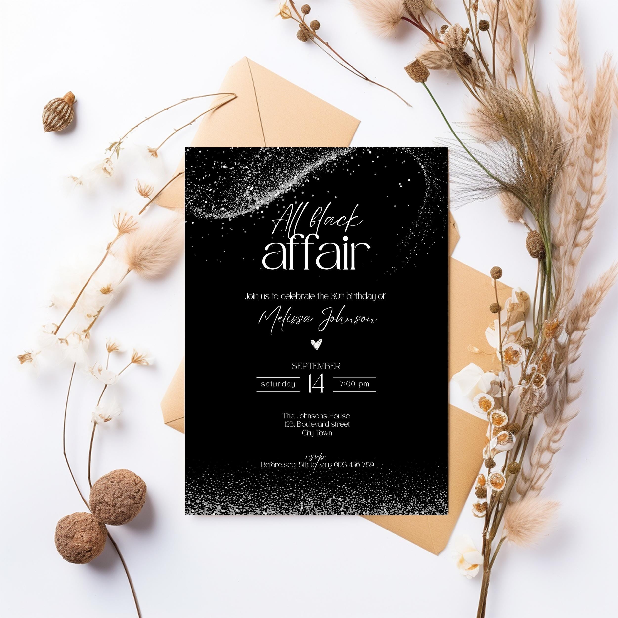 Chic All Black Affair Adult Birthday Invitation