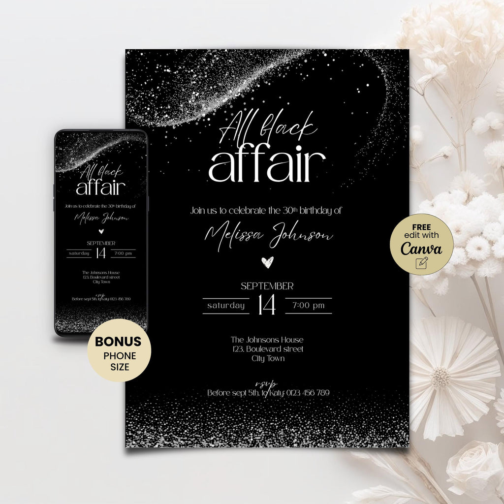 Chic All Black Affair Adult Birthday Invitation