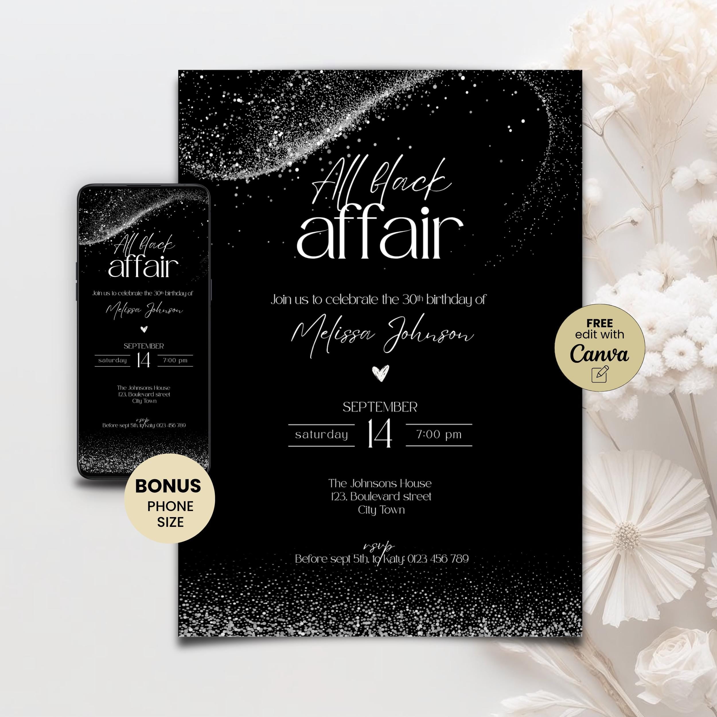 Chic All Black Affair Adult Birthday Invitation
