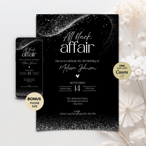 30th birthday invitation template preview, editable in Canva, black glitter theme
