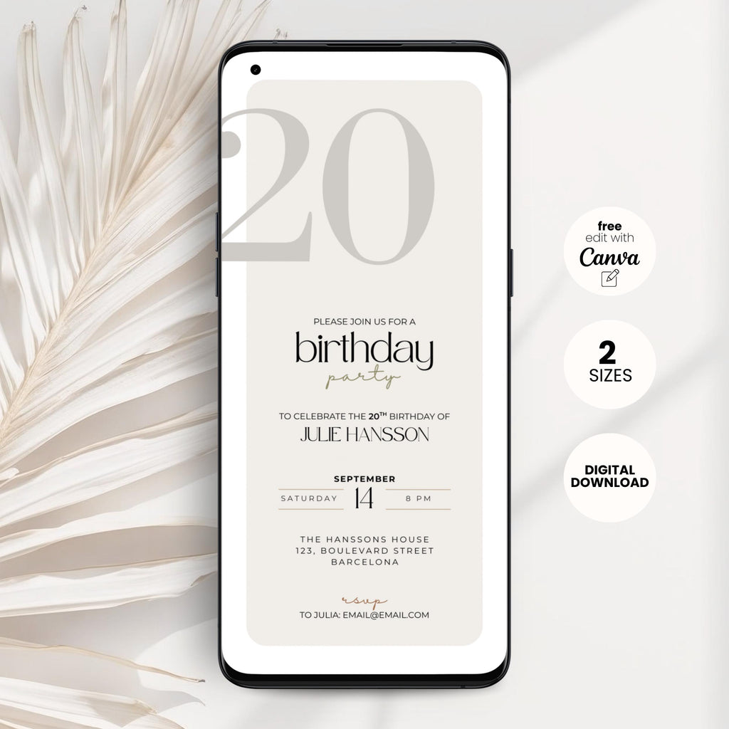 Phone displaying a 20th birthday party invitation with decorative elements on a light background