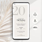 Phone displaying a 20th birthday party invitation with decorative elements on a light background