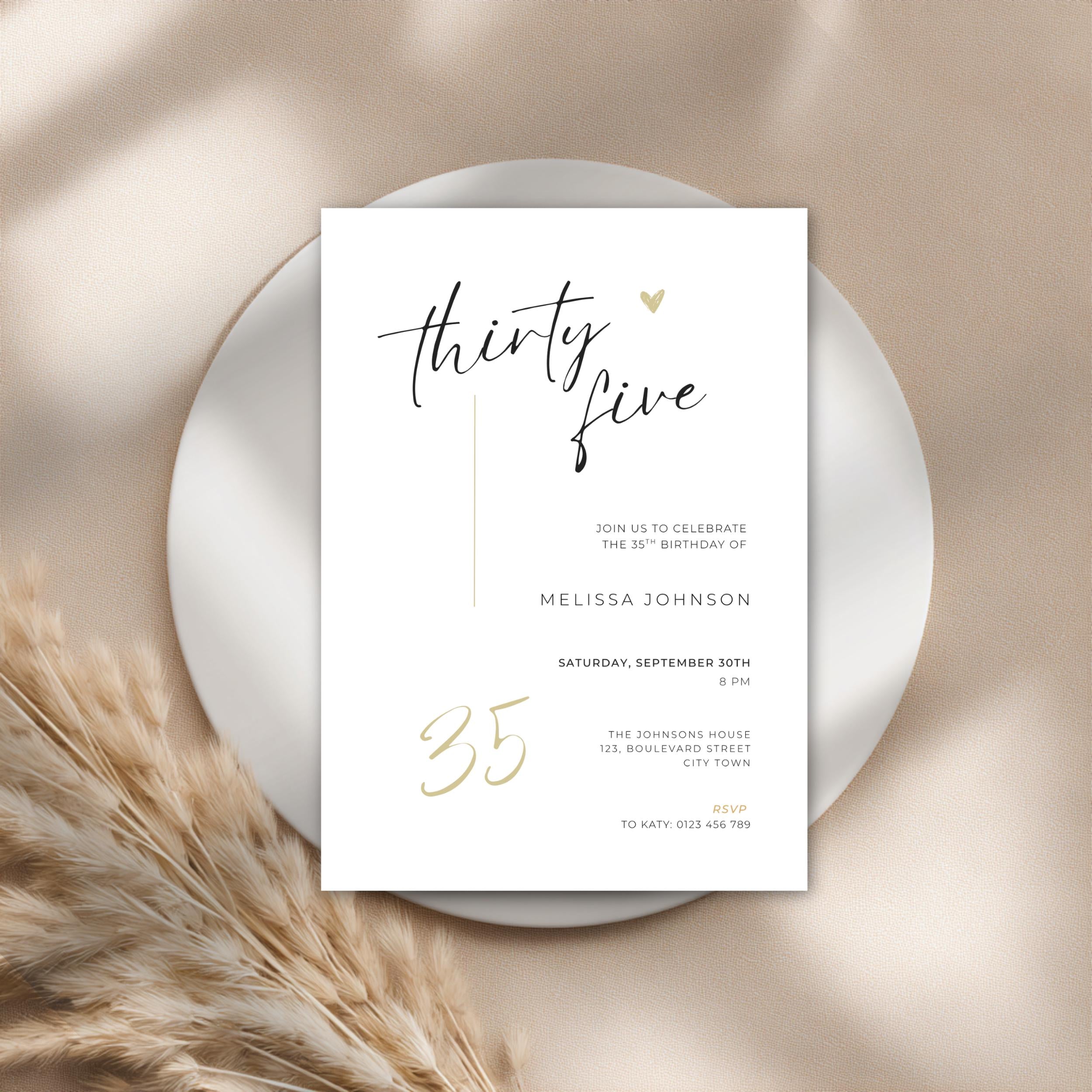 Invitation card for a 35th birthday celebration on a beige background with pampas grass.