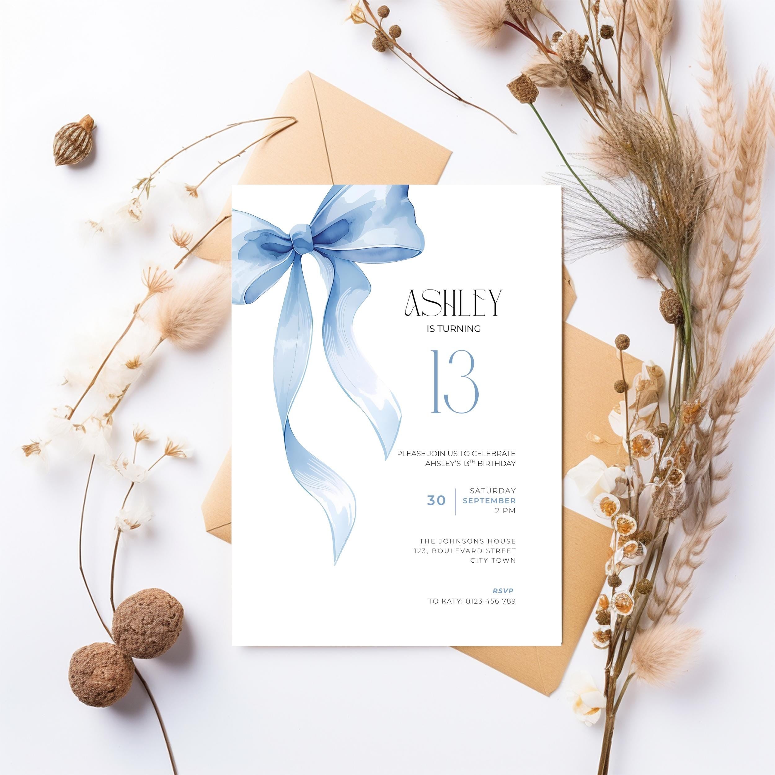 Blue Bow 13th Birthday Invitation Girls