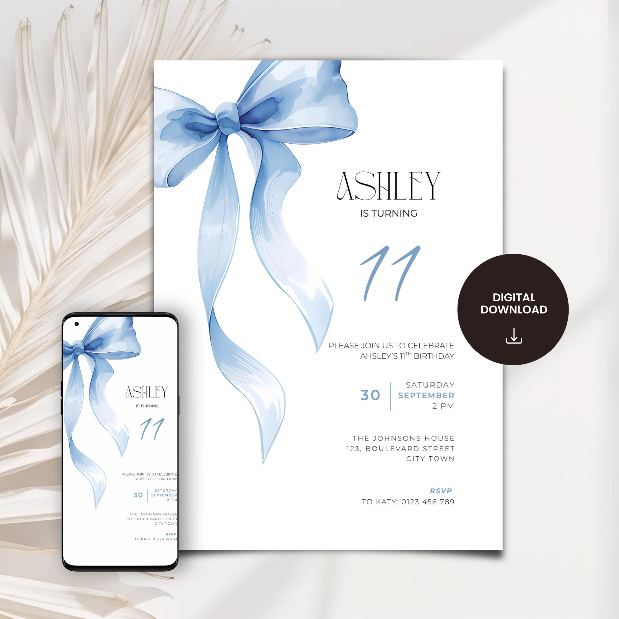 11th Birthday Invitation Blue Bow Coquette for Girls