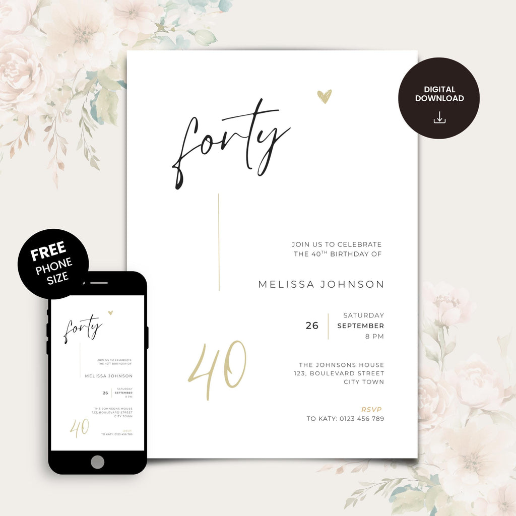 Elegant Calligraphy 40th Birthday Invitation