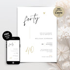 40th birthday invitation card with smartphone display and decorative flowers on a white background