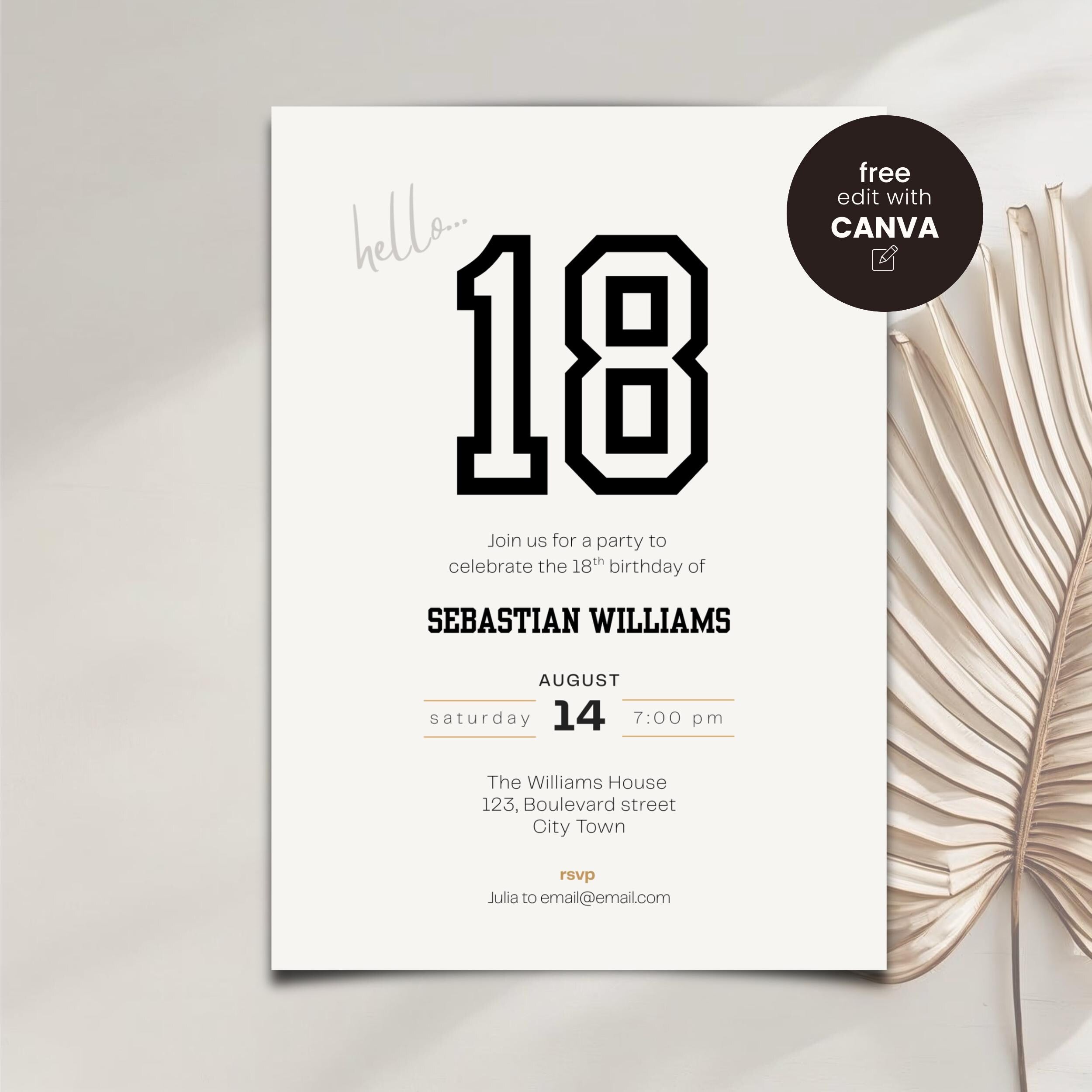 Minimal Black and White 18th Birthday Invitation