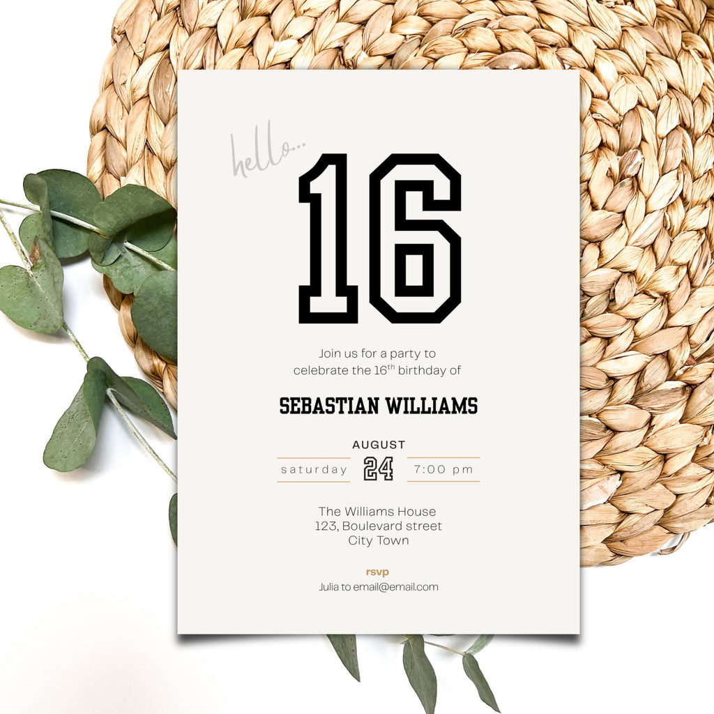 Minimalist Black and White Sweet 16th Birthday Invitation