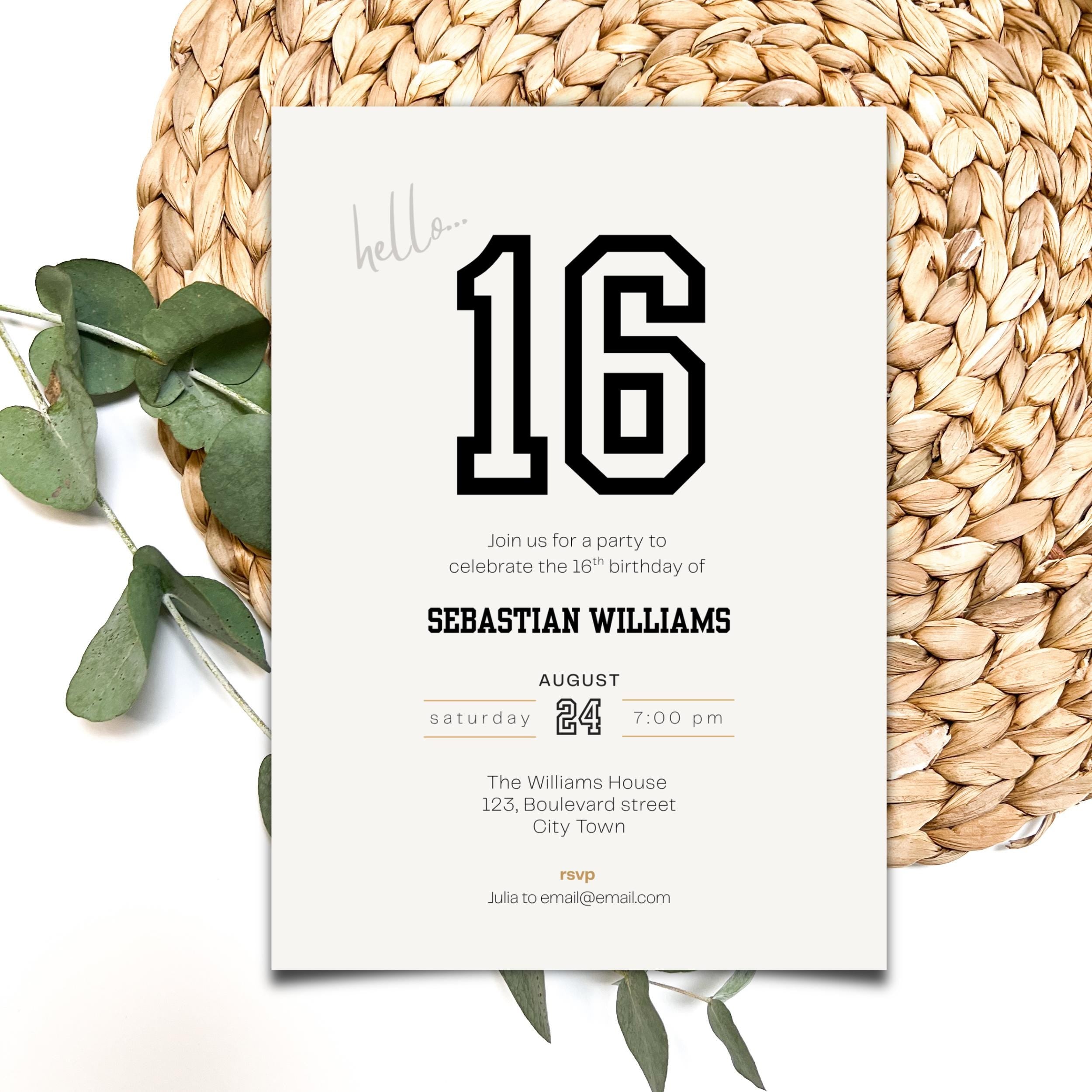 Minimalist Black and White Sweet 16th Birthday Invitation
