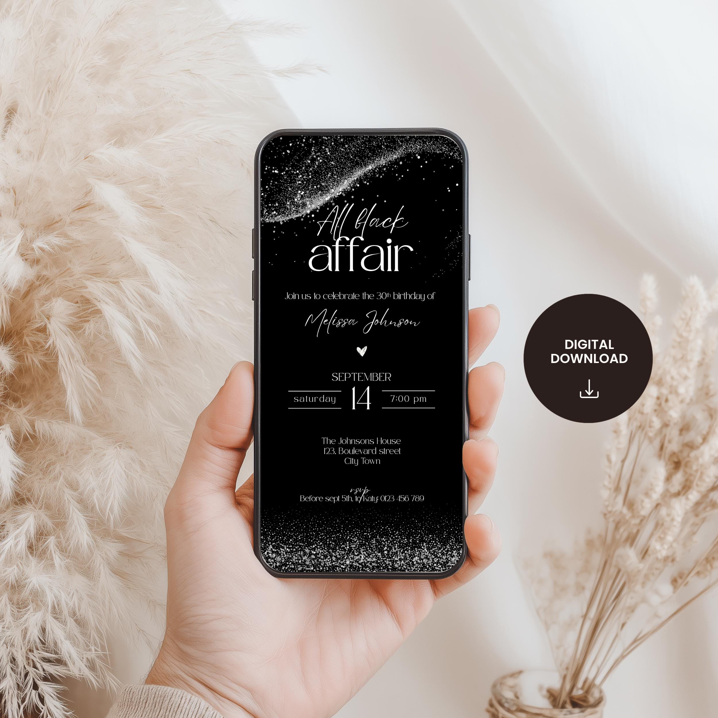 Chic All Black Affair Adult Birthday Invitation