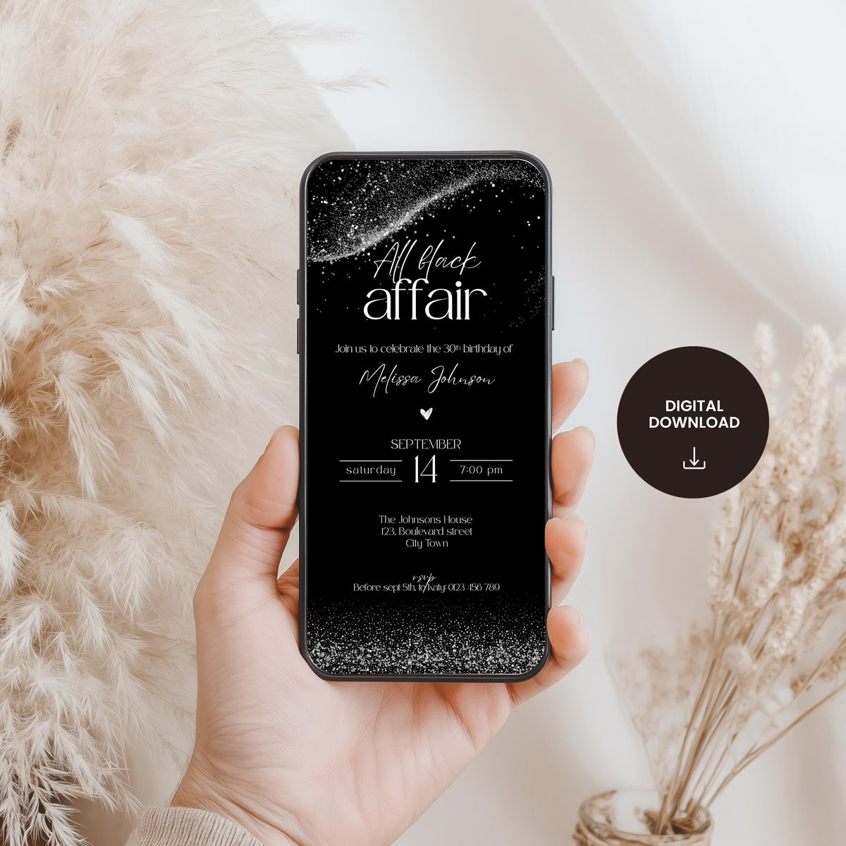 Close-up of black glitter design on chic 30th birthday invitation