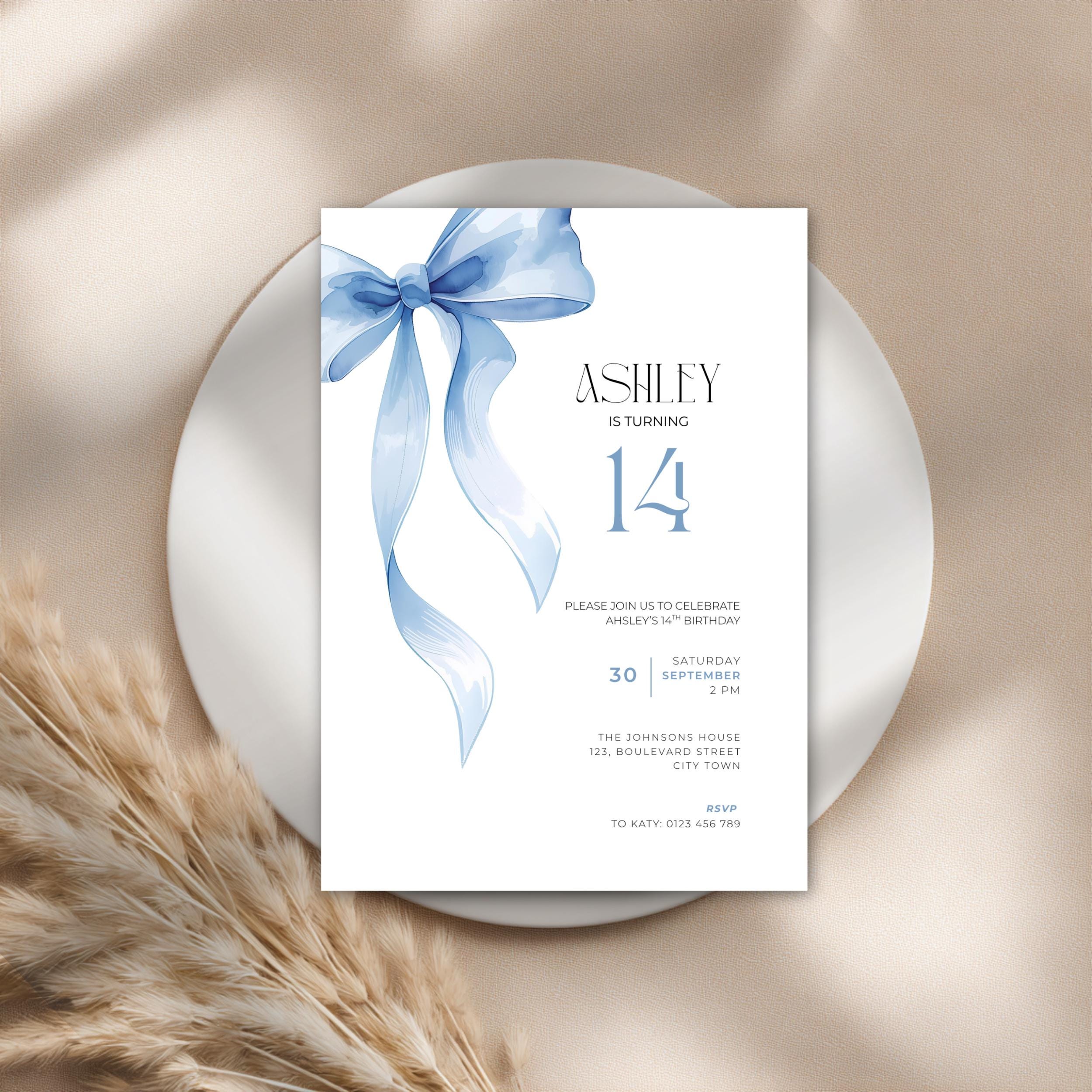 Blue Bow Watercolor 14th Birthday Invitation