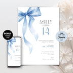 Blue Bow Watercolor 14th Birthday Invitation