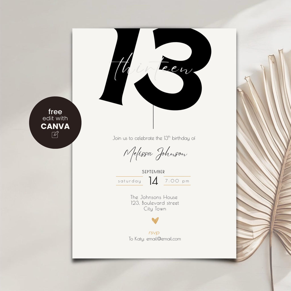 Minimal Bold 13th Birthday Invitation
