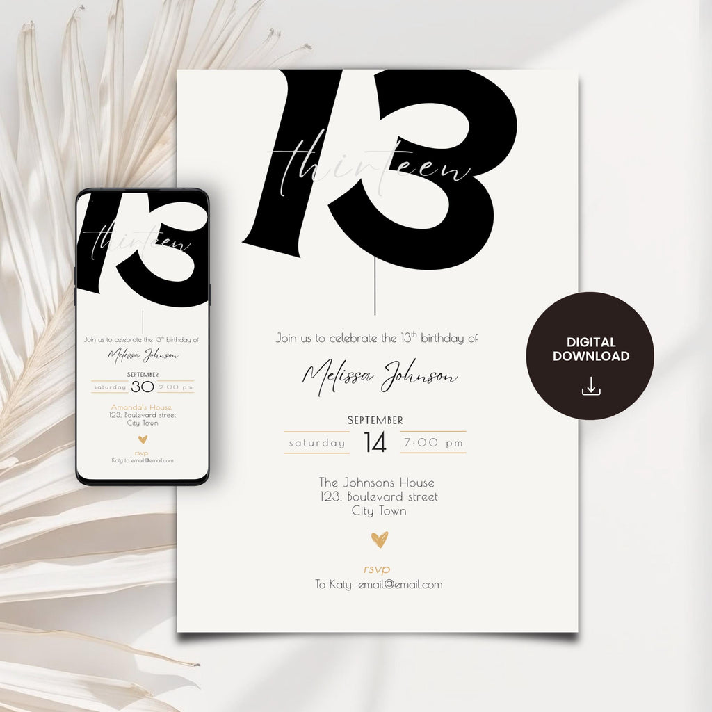 Minimal Bold 13th Birthday Invitation