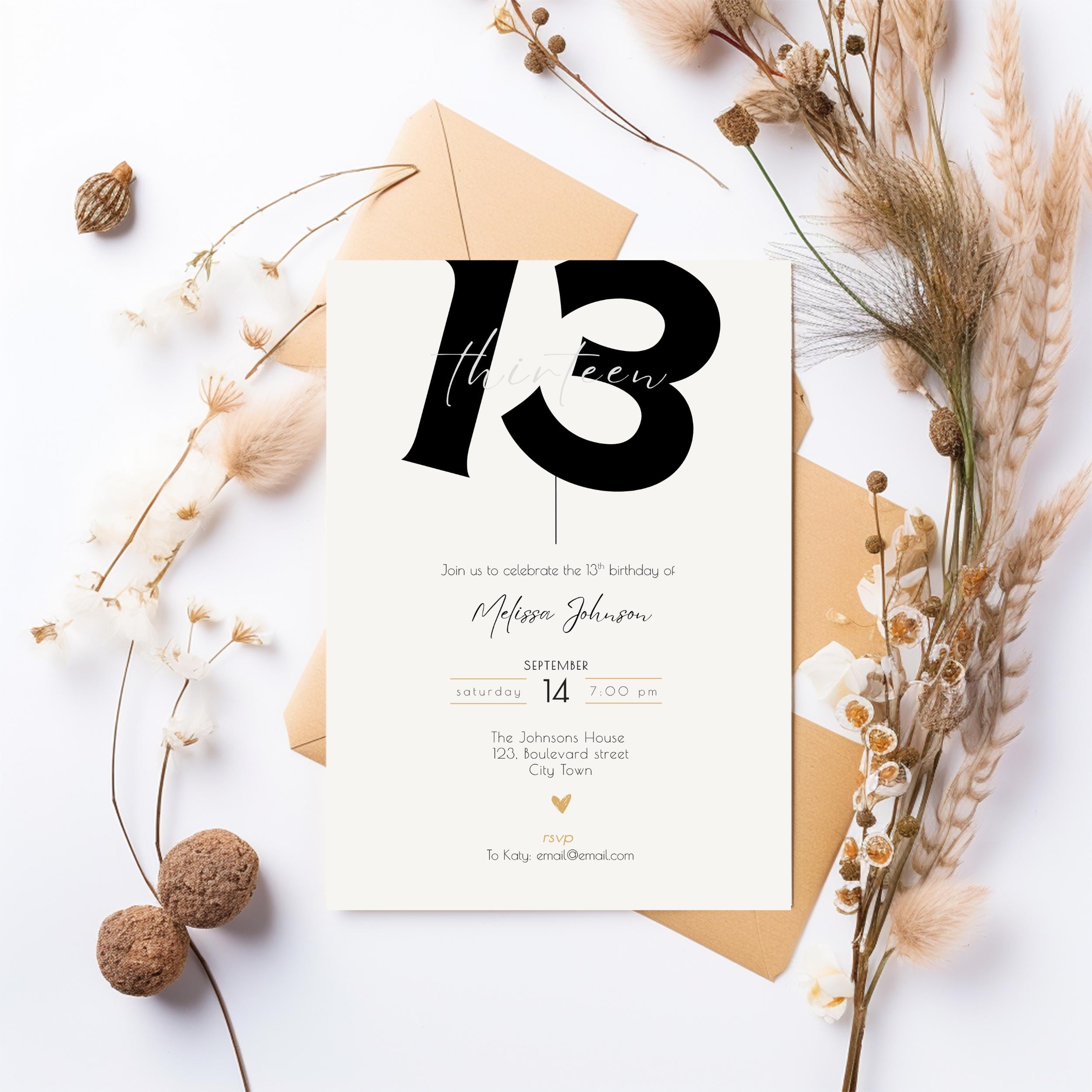 Minimal Bold 13th Birthday Invitation
