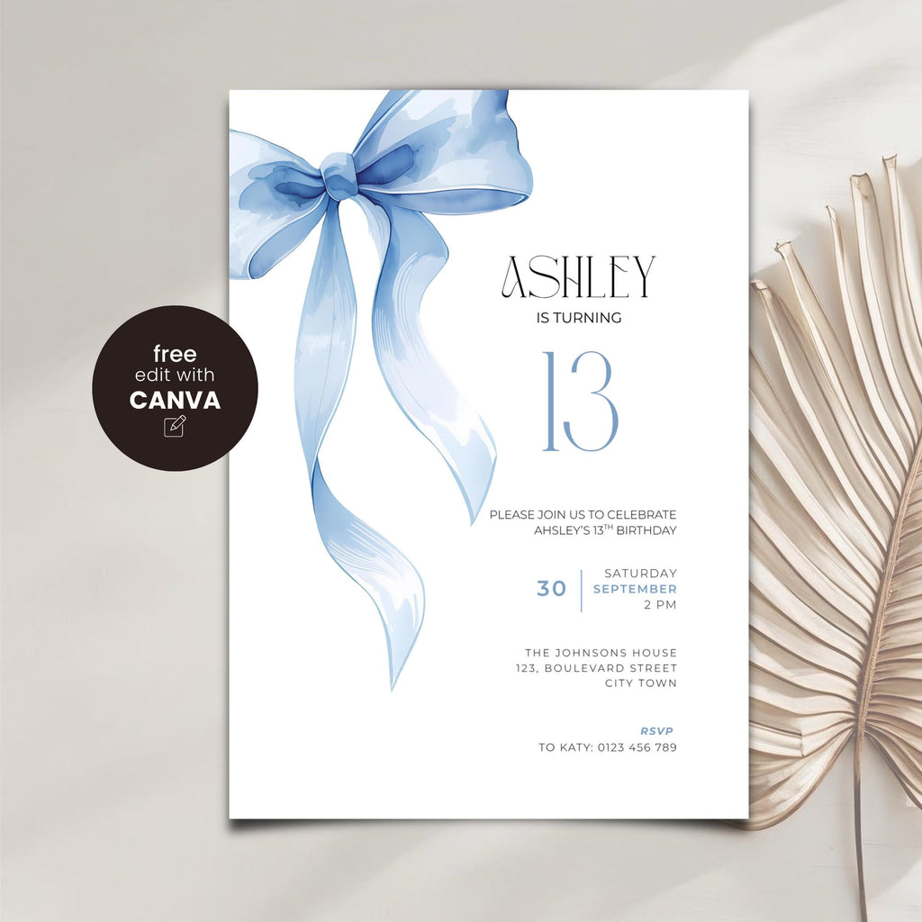 Blue Bow 13th Birthday Invitation Girls
