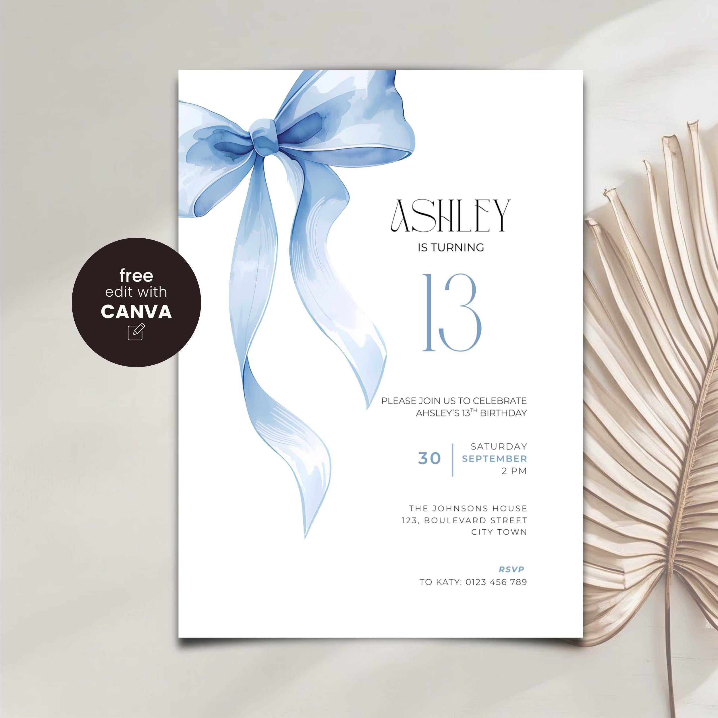 Blue Bow 13th Birthday Invitation Girls