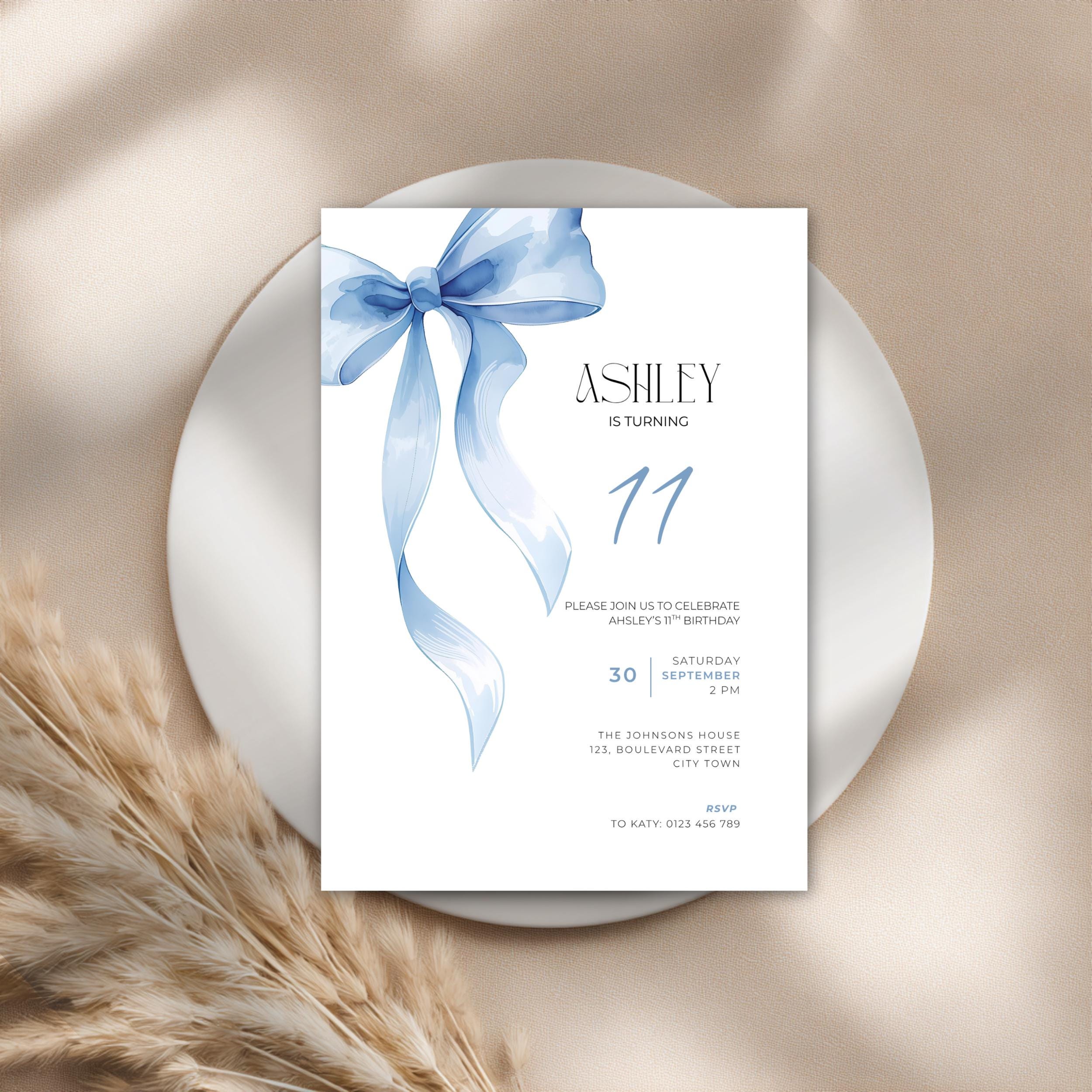 11th Birthday Invitation Blue Bow Coquette for Girls