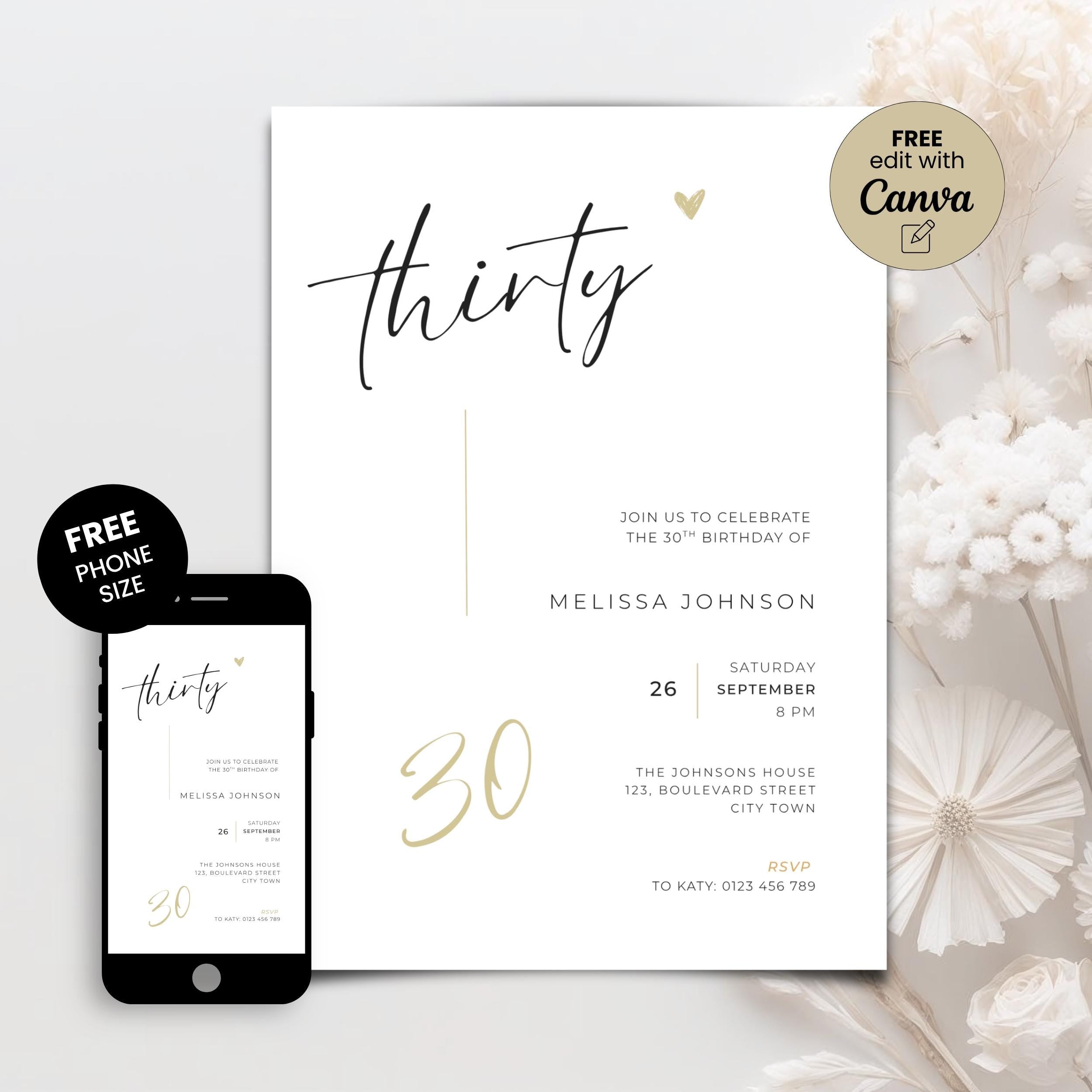 Modern Elegant 30th Birthday Invitation